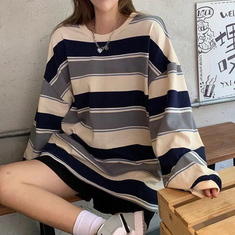 maoxiangshop autumn Hoodies Striped Oversized Sweatshirt Women Harajuku Pullovers Korean Fashion Couples Matching Long Sleeve Tops Streetwear