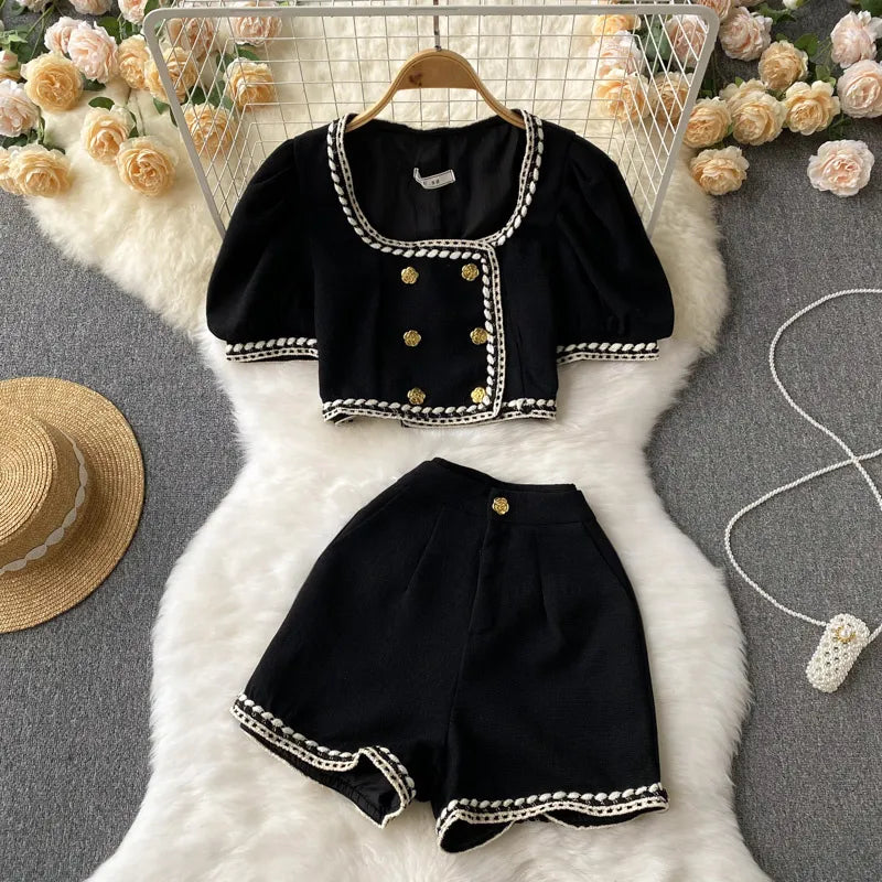 French Streetwear Small Fragrance Pants Suits Women Short Jacket Coat Crop Top & High Waist Shorts Sets Summer Two Piece Set