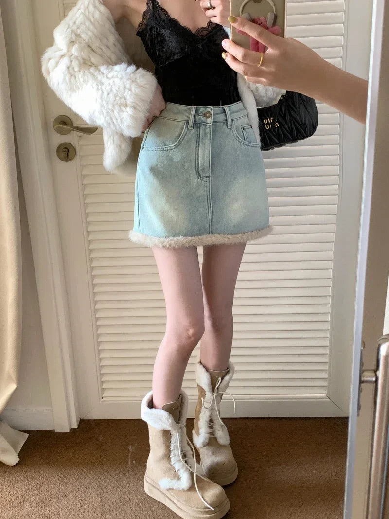 maoxiangshop - Spring and Autumn Hairy Splicing Denim Skirt Spicy Girl New Fashion Punk Style Plush High Waist Slimming Short Skirts for Women