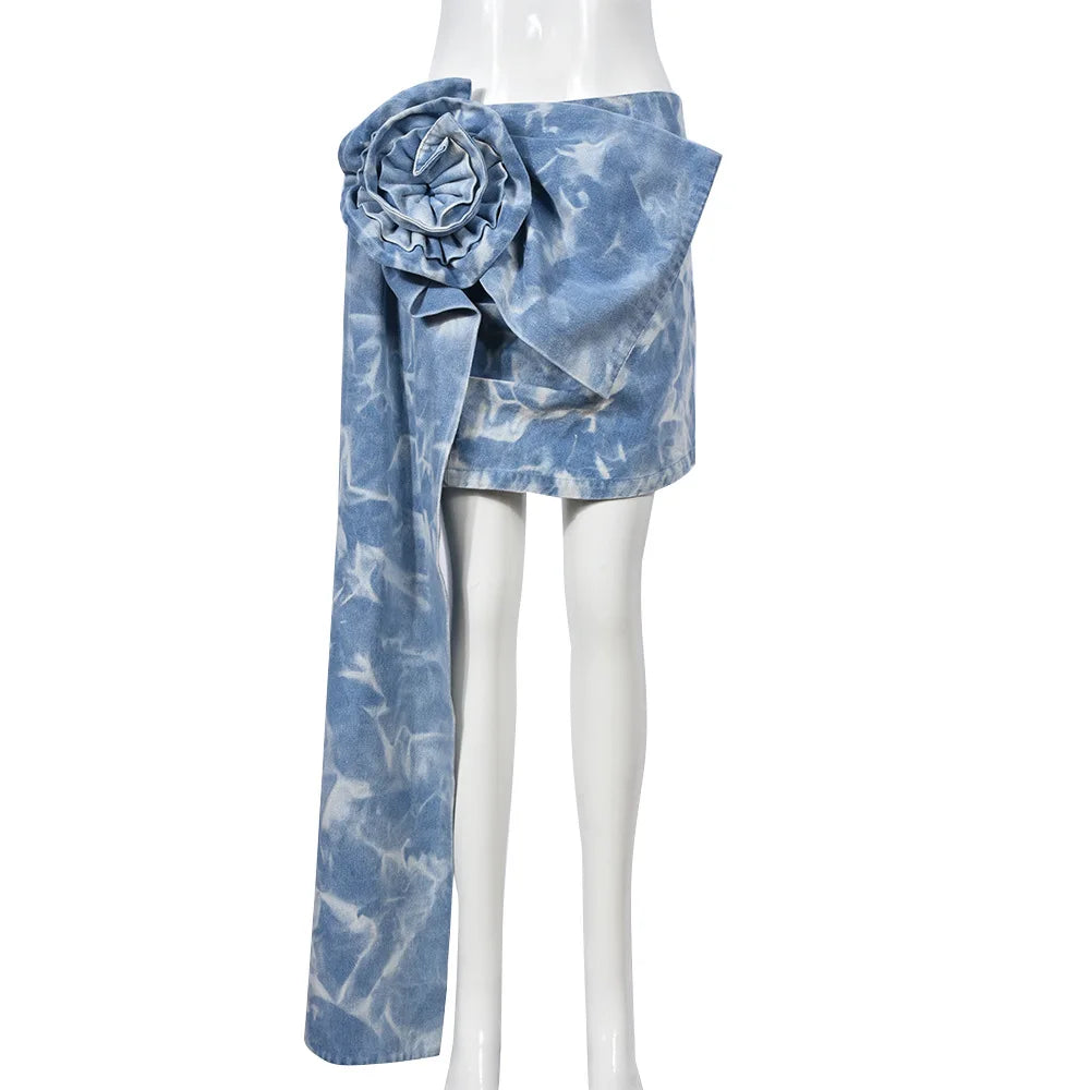 maoxiangshop - Tie Flower Denim Skirt Jean Mini Dress Sexy Y2K Streetwear 2023 Women Winter Fall Fashion Cargo Dress High Waist Tie Dye Skirts
