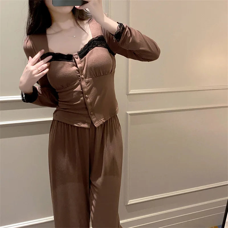 maoxiangshop - Modal Comfort Padded Top Pajamas For Women Autumn Spring Sweet Casual Lace Trim Long Sleeve Slim T-shirts + Wide Leg Pant Sets