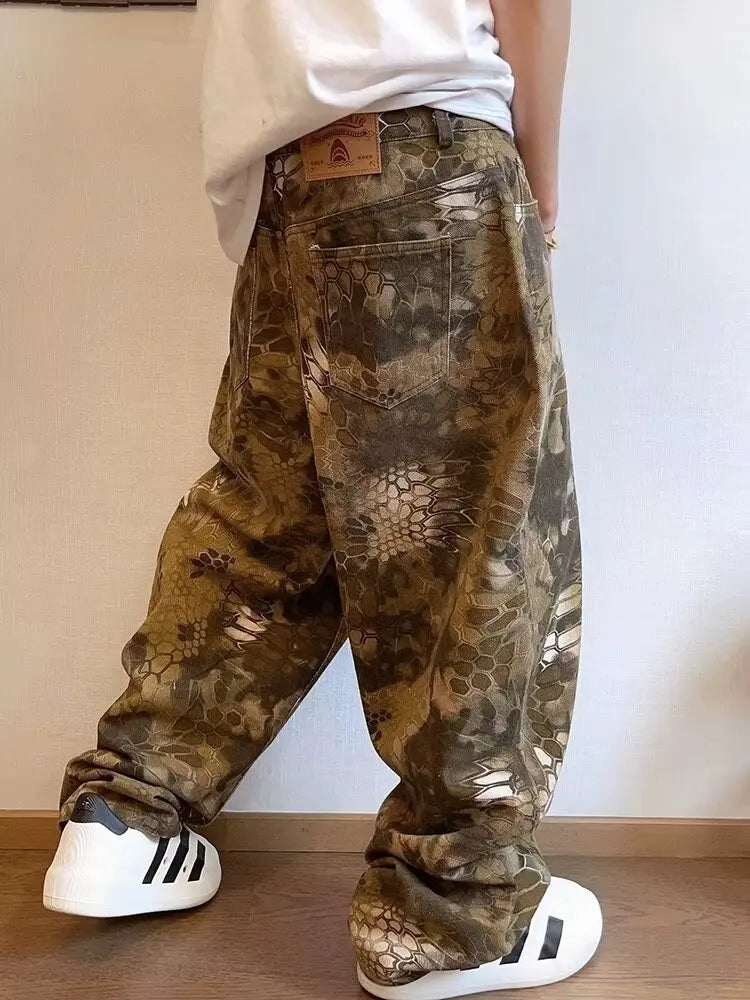 maoxiangshop Snake Animal Print Camouflage Pants for Men Wide Leg Jeans Demin Trousers Male Streetwear Hip Hop Vintage Casual