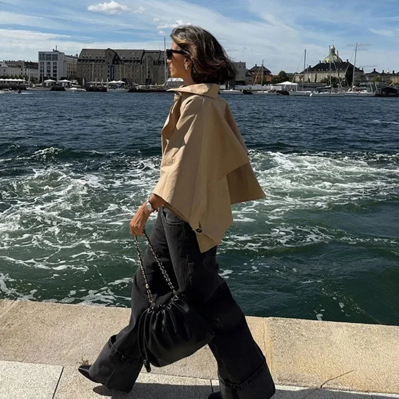 maoxiangshop - Khaki Lapel Short Cape Jacket Women Casual Single Breasted Mid Length Sleeve Coat 2024 Autumn Lady Fashion Street Warm Outerwear
