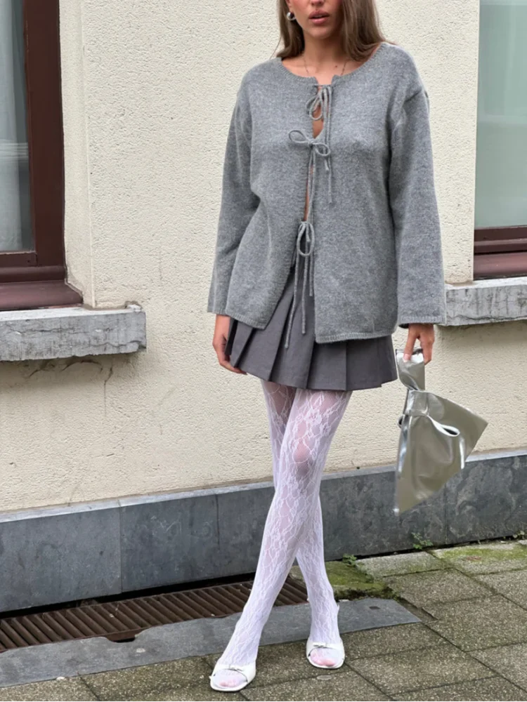maoxiangshop - Chic Knitted Grey Lace Up Cardigan Women Casual Round Neck Long Sleeve Sweater 2024 Autumn Female Commuting Street Pullover