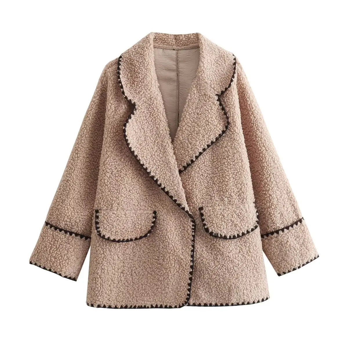 maoxiangshop - Lapel Loose Jackets Women 2024 Autumn Winter Street Long Sleeve Faux Lambswool Jacket Fashion Elegant Casual Coats Femme