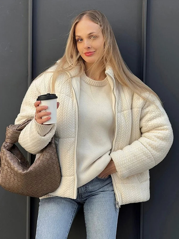 maoxiangshop - Knitting Cotton Print Down Short Jackets Women Thickening Solid Zipper Stand Collar Jacket Female Winter Chic Windproof Outwear