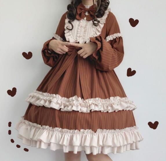 maoxiangshop In Wondeland Cute Women's Lolita OP Dress Flouncing Lace Trim Japanese Harajuku Long Sleeves Doll Dress Fairy Vestidos