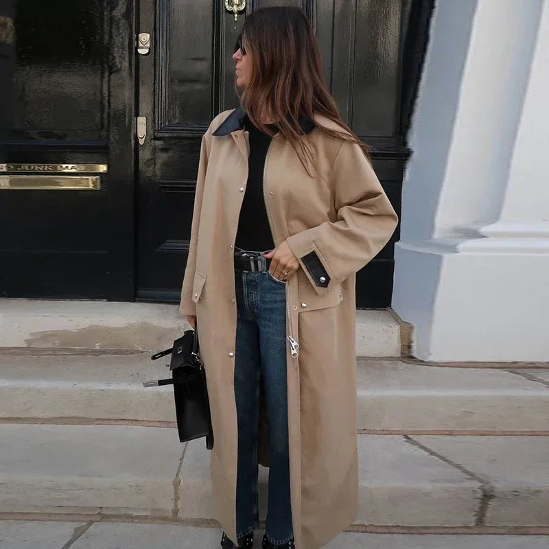 maoxiangshop - Elegant Patchwork Contrast Women Coat Loose Full Sleeve Zipper Button Pocket Maxi Coats Female 2024 Autumn Winter Lady Outwear