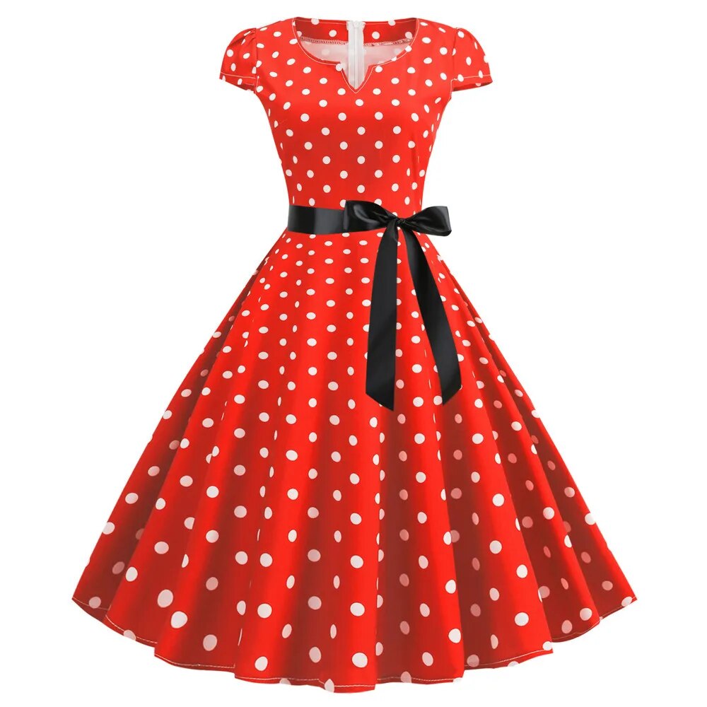 maoxiangshop Women Vintage Dress White Polka Dot Summer Dresses Pin Up Print Retro 50s 60s Rockabilly Party Sundress Vestidos