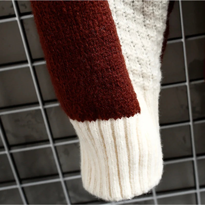maoxiangshop Autumn Winter Men Sweater Warm Top New Fashion Stitching Color Matching Pullover Round Neck Sweater Thickened Knitted Sweater