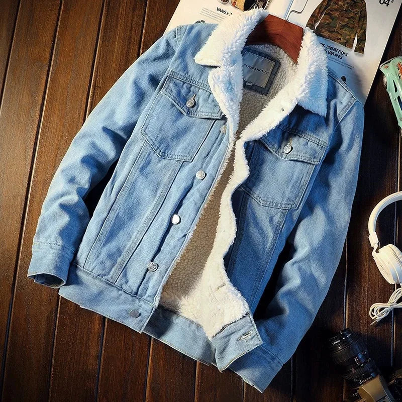 maoxiangshop Autumn and Winter New Men Fashion Trend Lamb Cashmere Denim Jacket Male Casual Comfort Thick Warm High Quality Overcoat Thermal