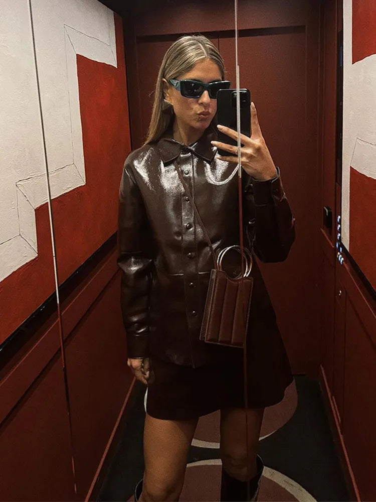 maoxiangshop - Fashion Leather Jacket Skirt Suit Women Lapel Button PU Coat Mini Skirts 2 Pieces 2024 Lady Autumn Street New in Matching Sets