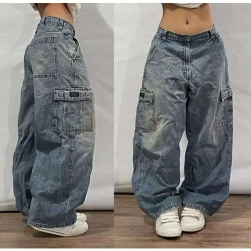 maoxiangshopStreet Vintage Jeans New Y2K Harajuku Wash blue Multiple pockets Baggy Jeans Denim Pants Mens Womens High Waist Wide Trousers