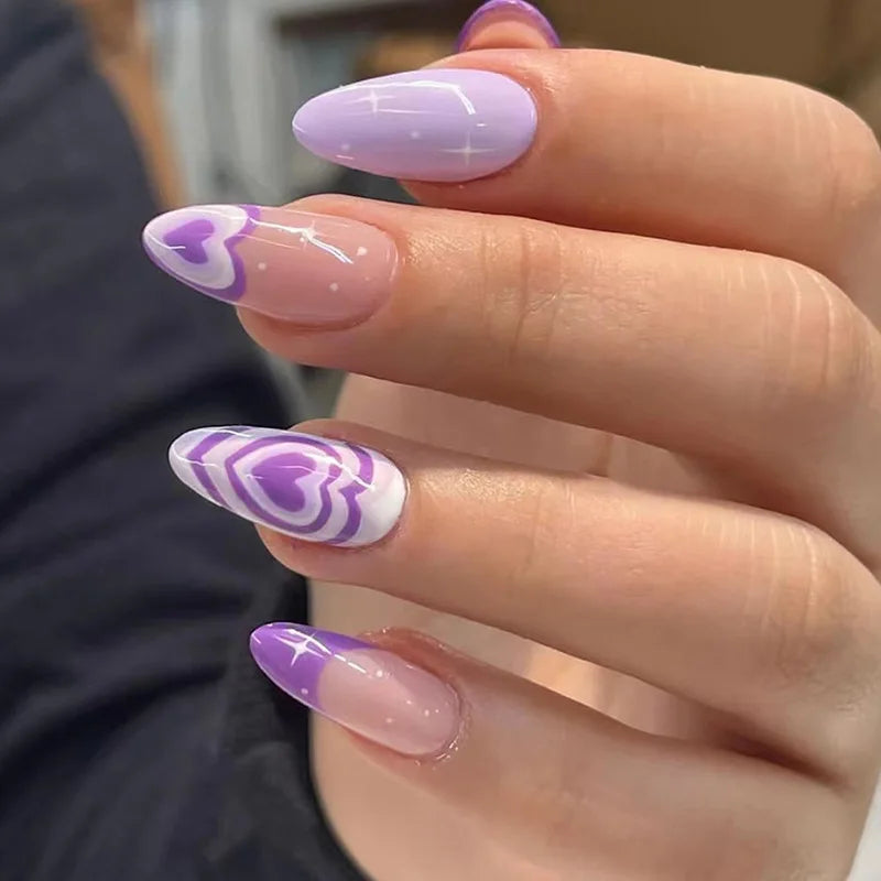 maoxiangshop 24Pcs Blue Flower False Nails Almond Cute Heart with French Design Detachable Fake Nails Artificial Press on Nails Tips Art