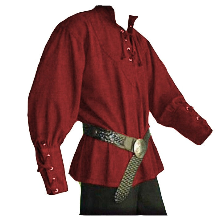 maoxiangshop Mens Medieval Shirts Poet's Renaissance Costume Viking Pirate Captain Lace Up Ruffle Tops Sand Collar Shirt