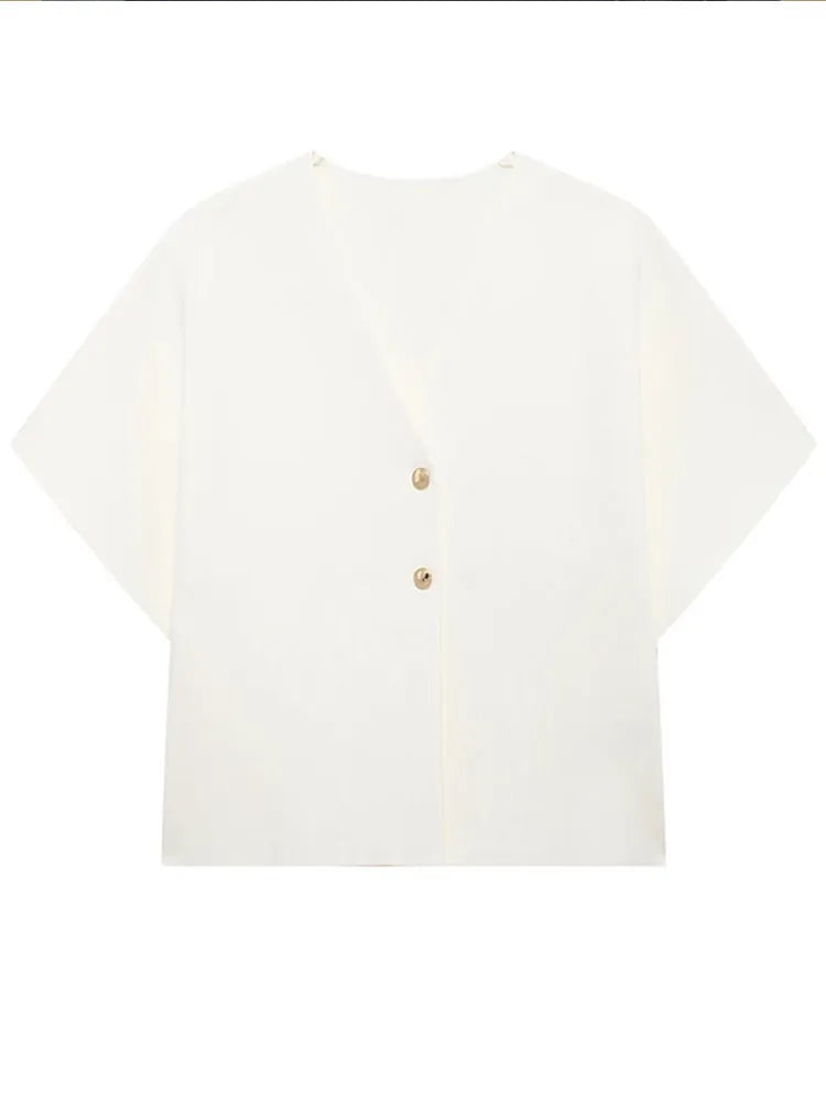 maoxiangshop - Elegant White Knit Cardigan Top Women Short Sleeve V-neck Buttons Vest Waistcoat 2024 Summer Autumn Fashion All-match Knitwear