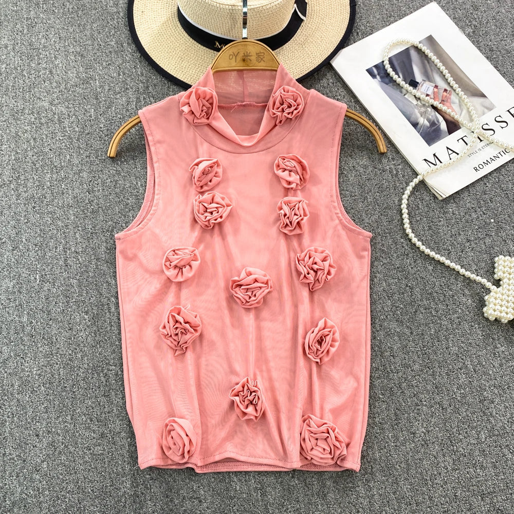 maoxiangshop American Chic Tank Top Women 3D Floral Mesh Sheer Stand Collar Sleeveless Female Crop Tops Streetwear Hot Camisole