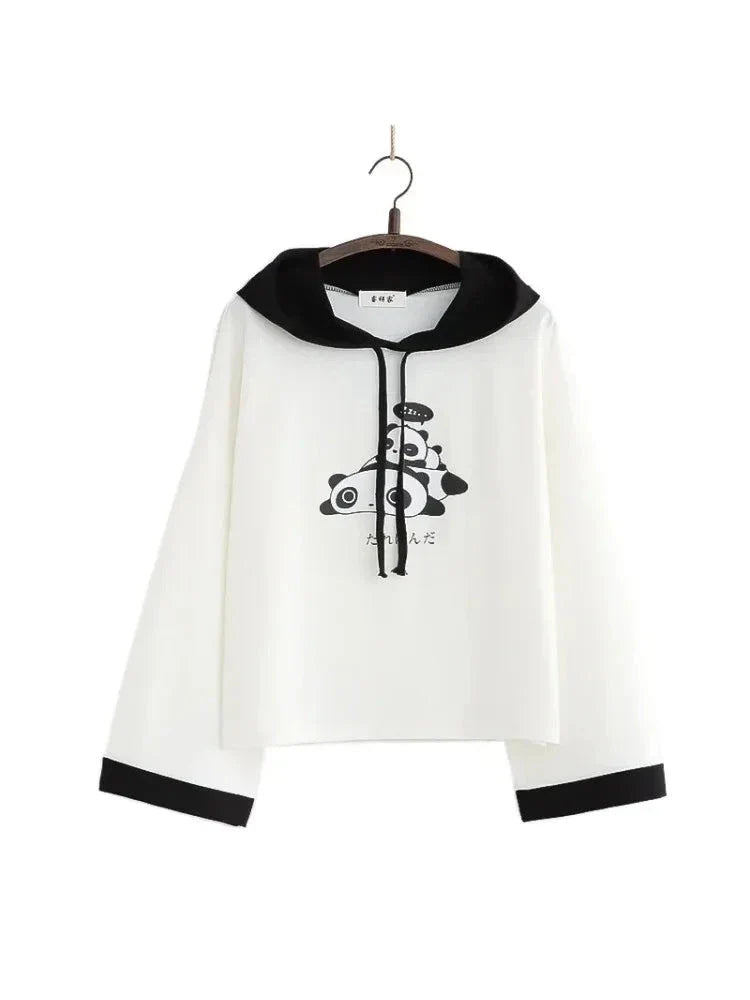 Panda Print Cute Cotton Hooded Sweatshirts For Women Long Sleeve Drawstring Hoodies Sweet Style Tops 2021 Summer Kawaii Clothes