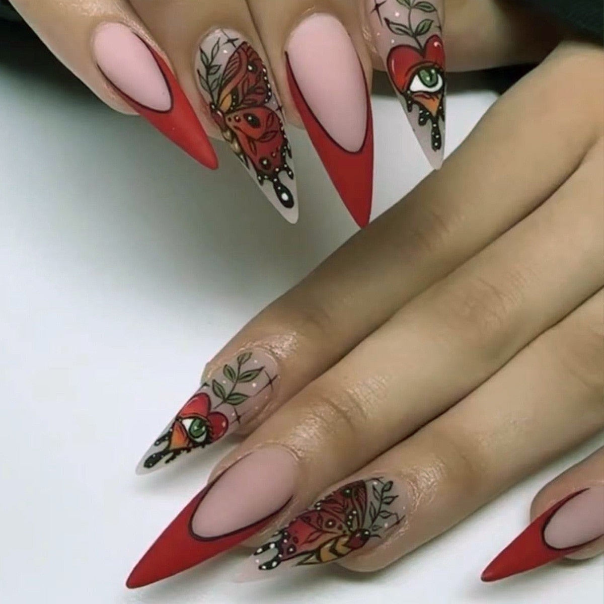 24Pcs False Nails With Glue Almond Pink Butterfly Design Detachable Rhinestones Acrylic Fake Nails long stiletto Press On Nails