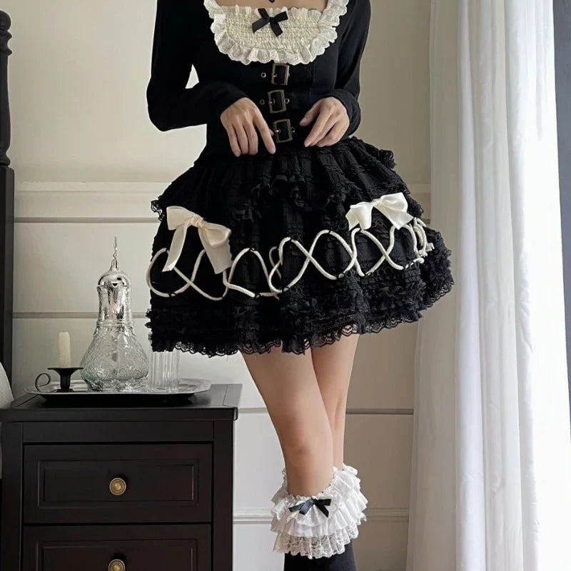 maoxiangshop - Gothic Lolita Skirt Women Japanese Harajuku Fashion High Waist A-line Bow Lace Patchwork Vintage Black Cake Skirt