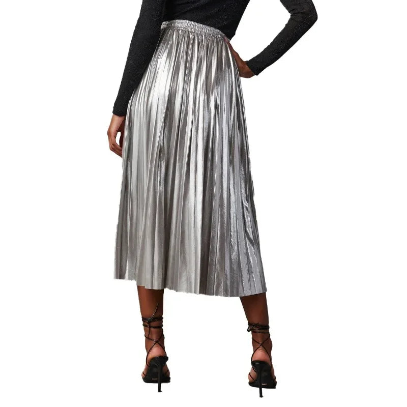 maoxiangshop - New Fashion Giny Pleated Long Skirts Autumn Winter High Waist A- Shaped Midi Long Metallic Pleated Skirt for Women Skirts