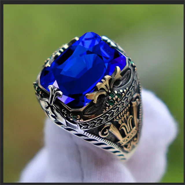 maoxiangshop Retro Handmade Turkish Signet Rings for Men Ancient Silver Color Carved Ring Mystic Zircon Inlay New Punk Motor Biker Ring