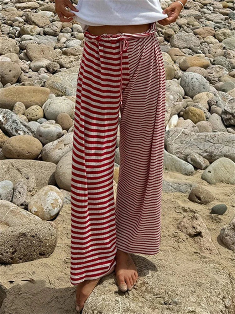 maoxiangshop - Y2K American Striped Loose Casual Pants Women Low Rise Lacing Straight Leg Pants Female Autumn Winter Street New Trousers