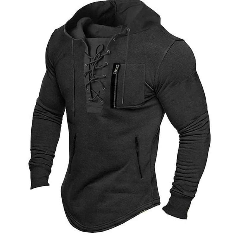 maoxiangshop Men Autumn Spring Top Lace Up Drawstring Solid Color Long Sleeve Zipper Pockets Pullover Streetwear Men Mid Length Hoodie