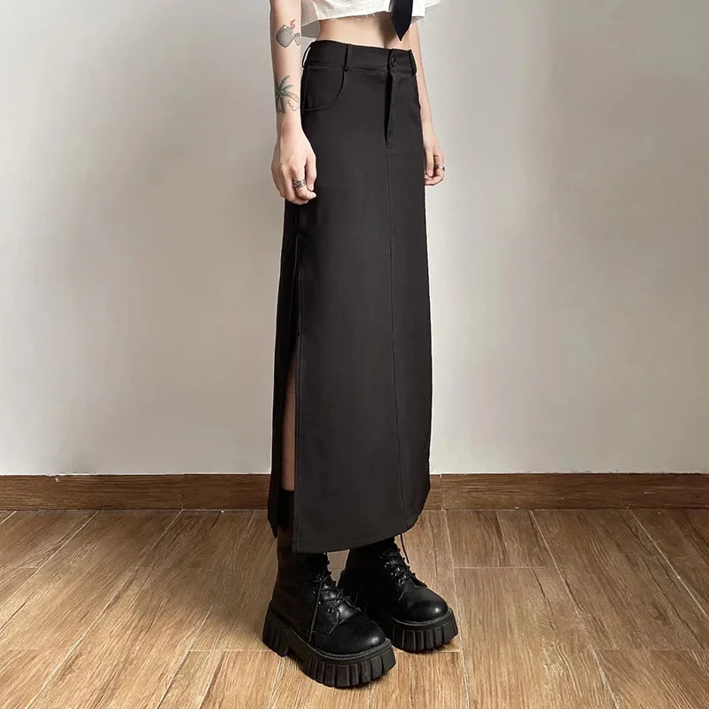 maoxiangshop Goth Dark Elegant Mall Gothic Trumpet Women Midi Skirts Grunge High Waist Split Sexy Club Long Skirt Slim Party Streetwear