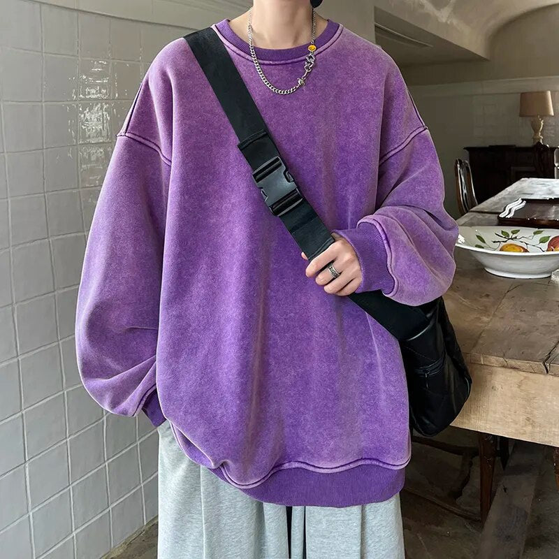 maoxiangshop American Washed Old Pullovers Sweatshirts Men Loose Solid Color Autumn Large Size Warm O Neck Tops Hip Hop Y2k Sweatshirt