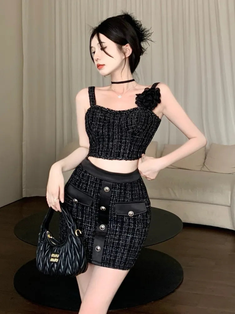 maoxiangshopHigh Street Small Fragrance Tweed Two Piece Set For Women Vest Tops + Bodycon Skirt Suits Summer HotSweet Sexy 2 Piece Outfits