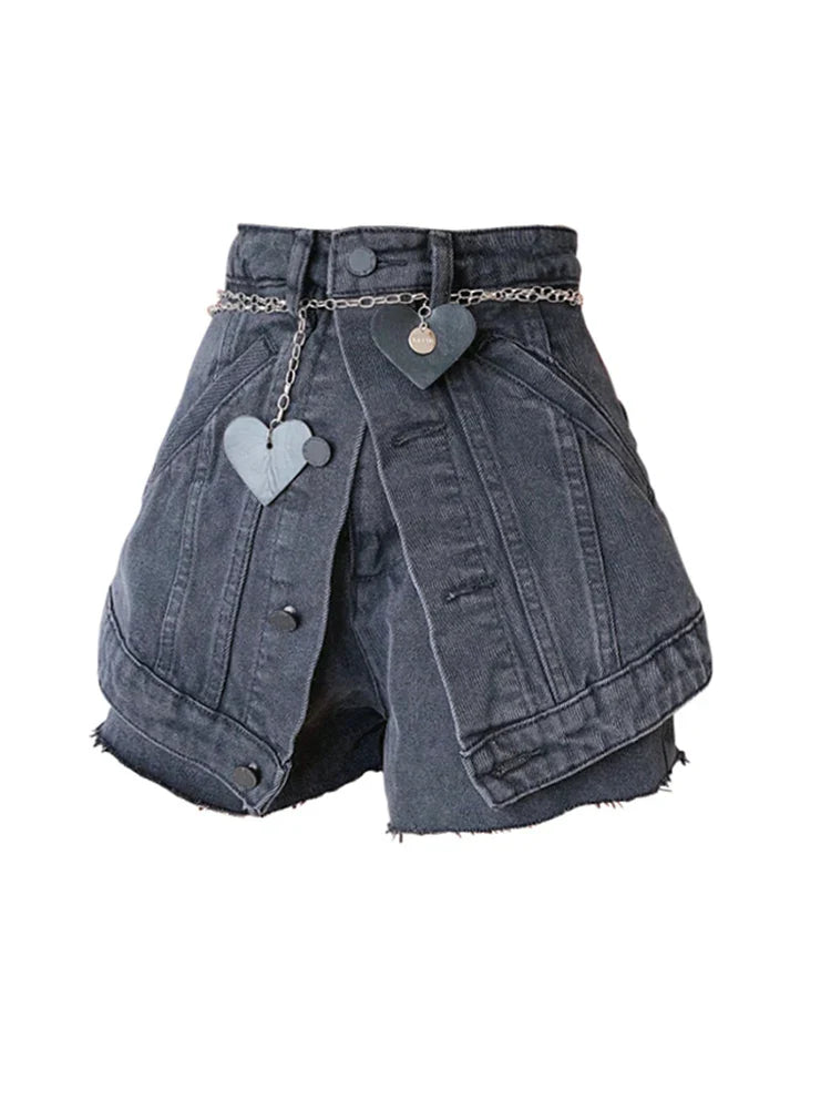 maoxiangshop Women's Short Jeans Vintage Hight Waist Y2K Harajuku Casual Black Denim Shorts With Chain Hot Summer Vacation Streetwear Bottoms