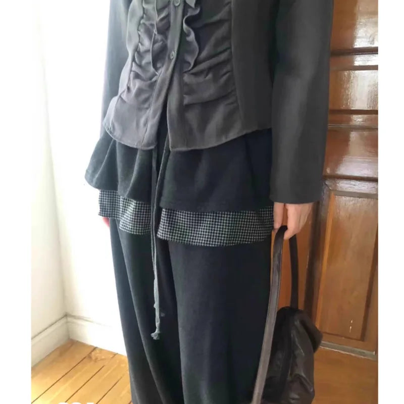 maoxiangshop - Y2k Vintage Skirt Pants Women Winter Japanese Harajuku Casual Cute Plaid Patchwork Elastic Waist Baggy Trousers New Pantalones