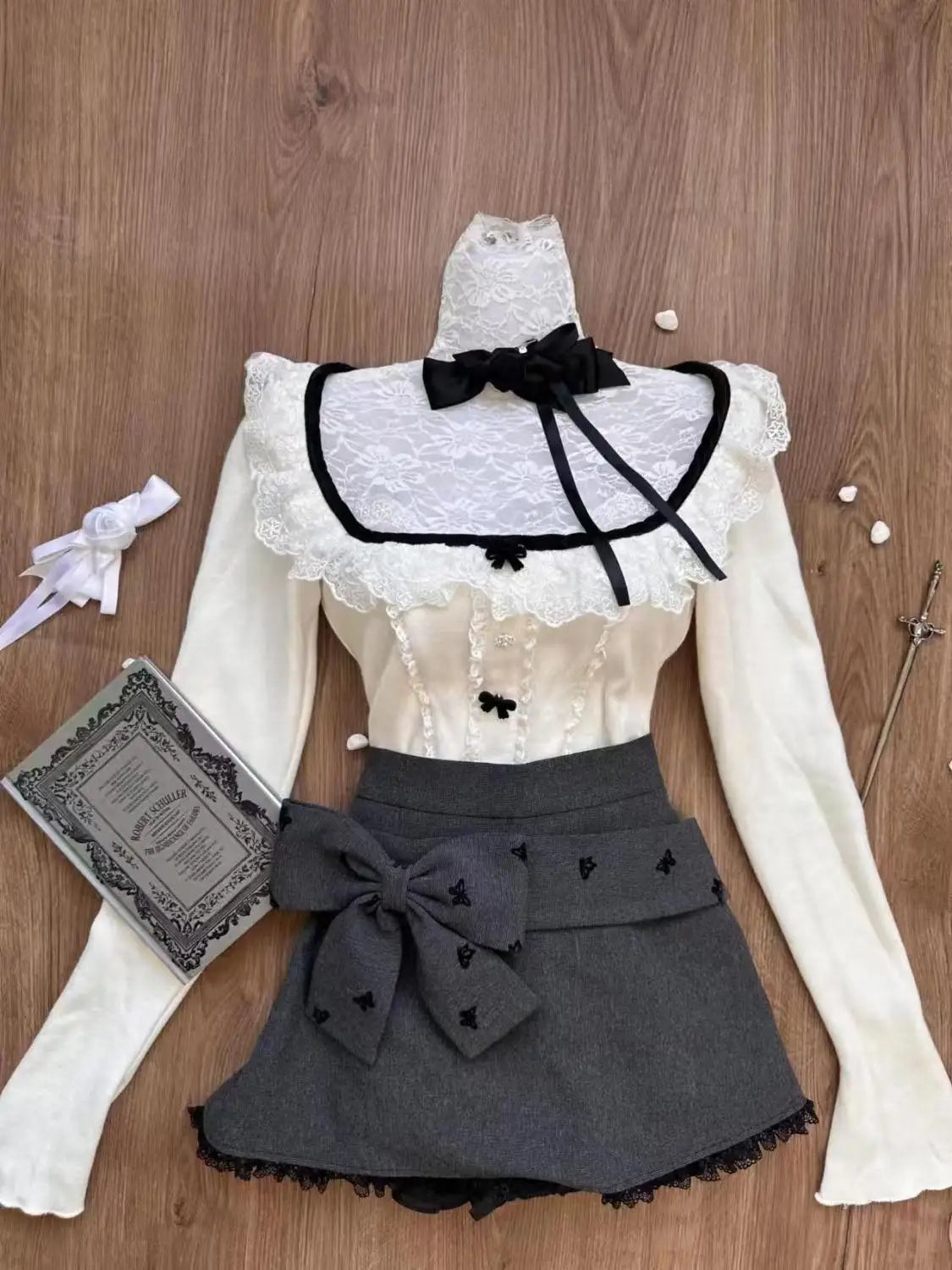 maoxiangshop - Sweet Cute White Ruffled Tops+Lace Edge Grey Vest+slimming High Waisted Skirt 3 Piece Set for Women Winter Japanese Skirt Suit