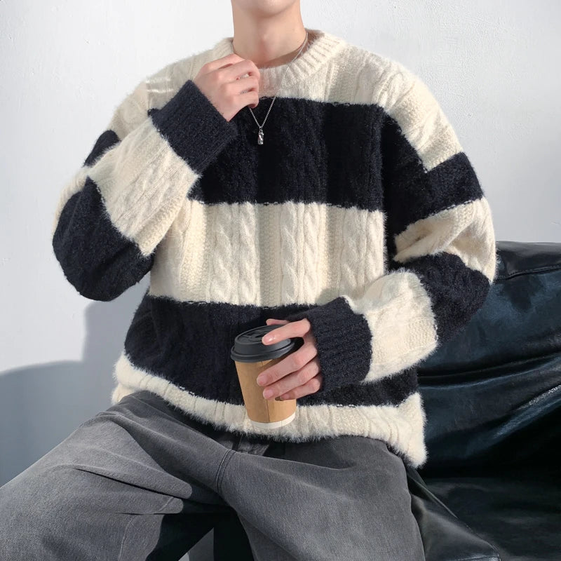 maoxiangshop New Patchwork Sweater Trend High Street Fashion Autumn Winter Warm Men's Top Hip-hop Street Knitted Pullover