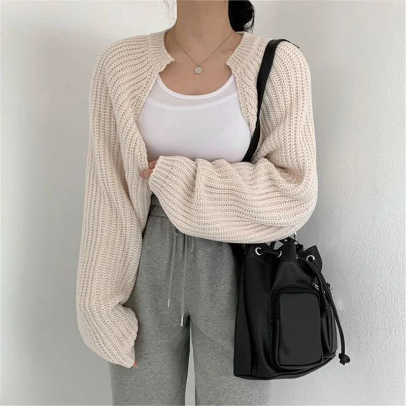 Korean Fashion Women Loose Short Knitted Cardigan Sweater Fall Harajuku Lantern Sleeve Y2k Clothes Female Vintage Crop Top