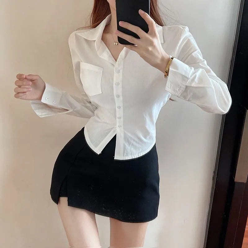 maoxiangshop Shirt Women Cut Slim Top Casual Korean Fashion Temperament Basic Solid Color Full Matching Gentle Office Lady Spring