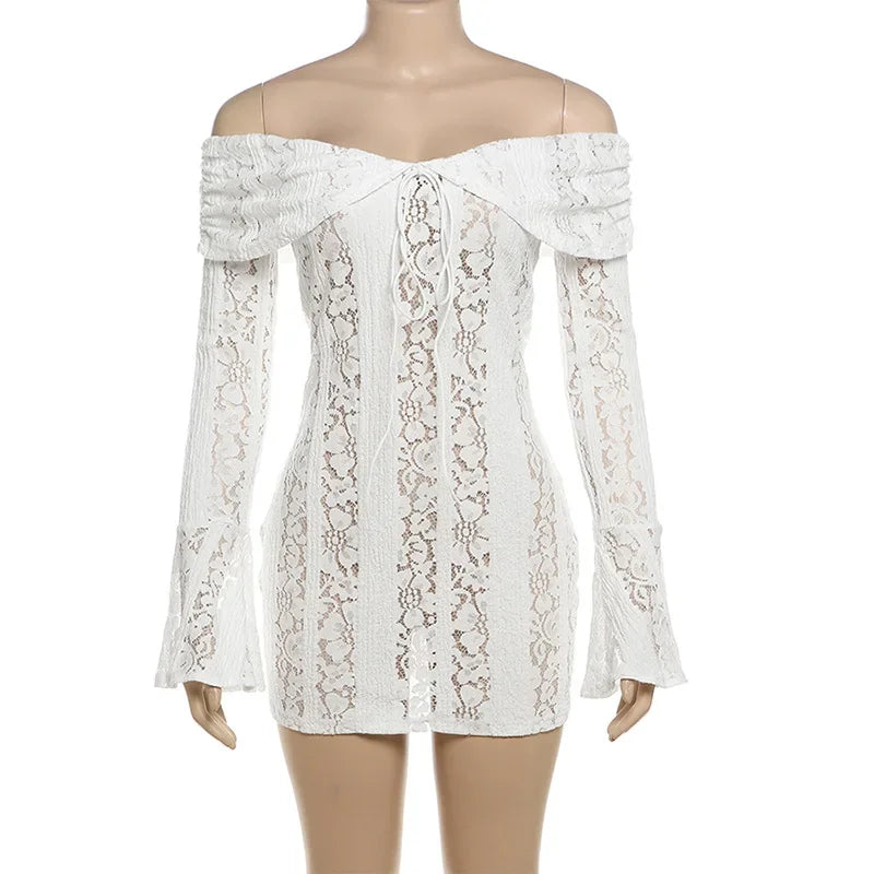 maoxiangshop - Lace Hollow Slim Mini Dress For Women One Shoulder Sexy Long Sleeves Club Party Dresses Bodycon Bandage Elegant Autumn