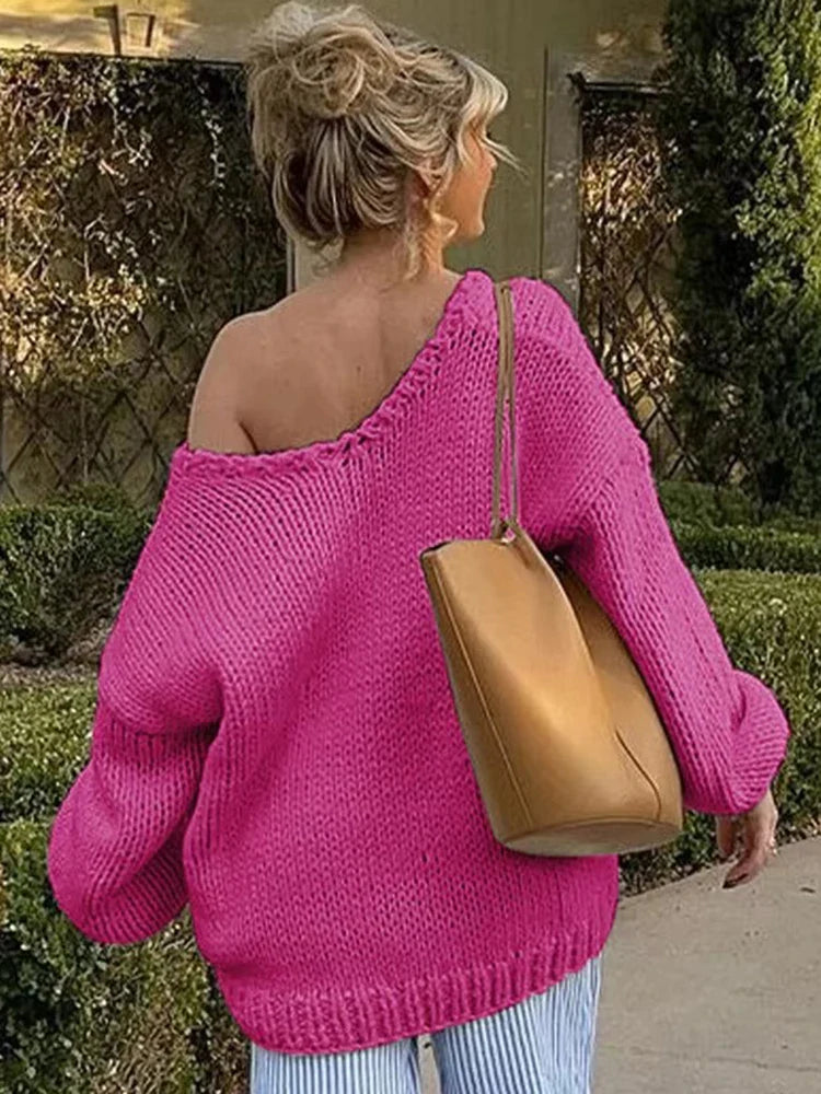 maoxiangshop - Loose Big V Neck knitted Sweater For Women Casual Solid Color Pullovers Top Long Sleeve Hollow Top Autumn Winter New 2024