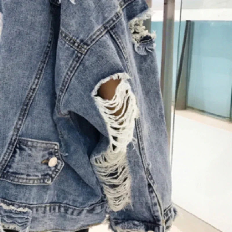 maoxiangshop Fashion Blue Ripped Denim Jacket Y2K Distressed Streetwear Hip Hop Broken Hole Jeans Biker Jackets Men's Spring Jackets