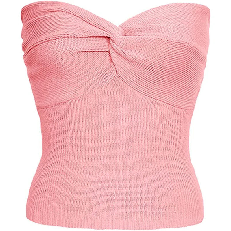 maoxiangshop - Twist Tube Tops For Women Sexy Strapless Corset Top Tee Off-Shoulder Cute Y2k Cropped Tops Knit Bustier Summer Streetwear
