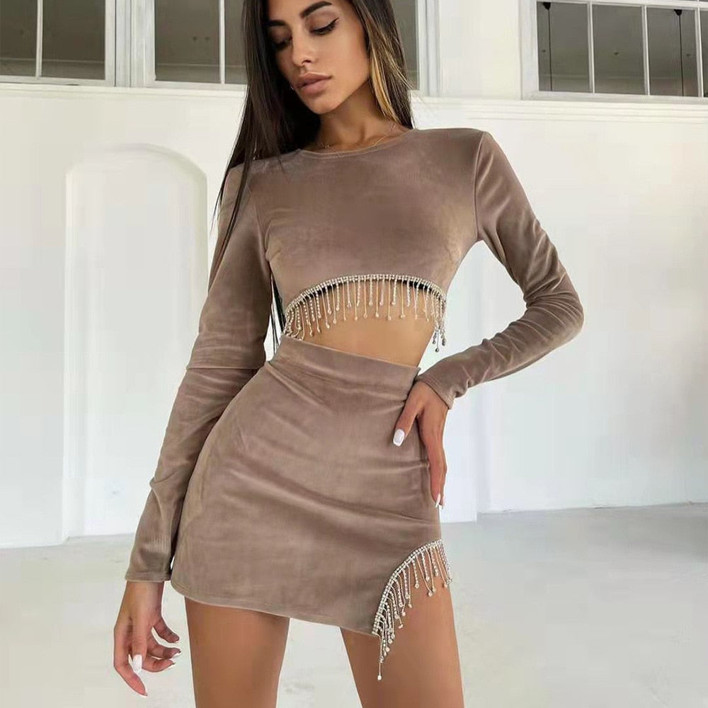 Y2K Summer Fashion Black Sexy Mini Dress Two-Piece Suit Long Sleeves Top And Split Skirts Sets For Women‘s Clothes Party