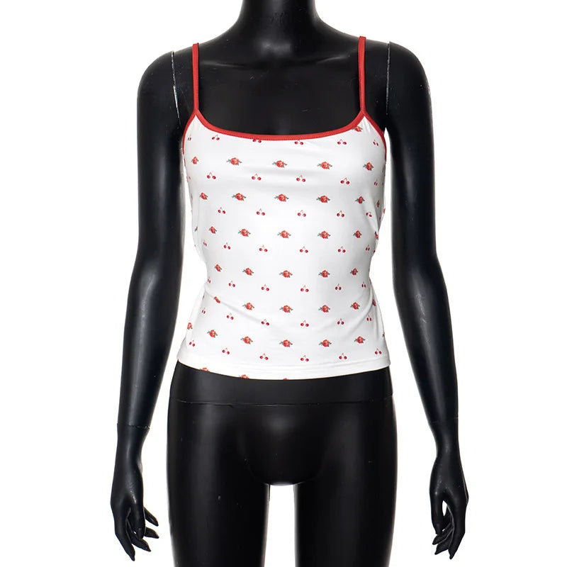 maoxiangshop - Cherry Flower Print White Camisole Y2k Cute Core Girls Summer Clothes Tie Back Sexy Crop Top Women