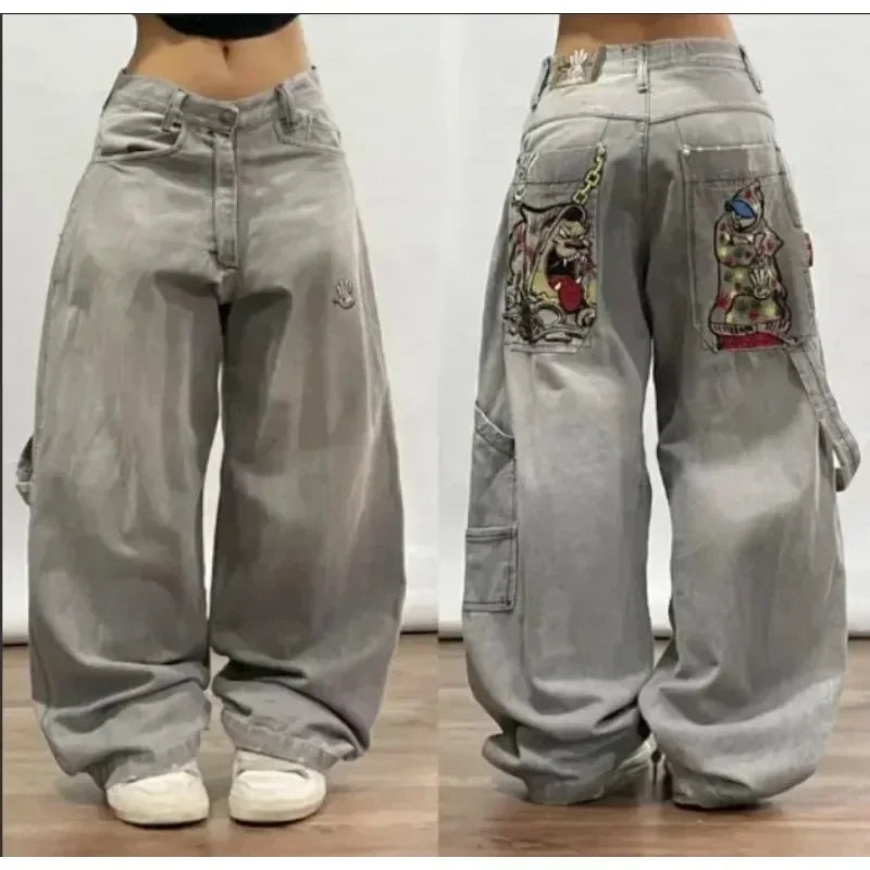maoxiangshop - American Y2K geometric embroidery design high waisted jeans for women 2024 new autumn winter fashion trend aesthetic sweatpants