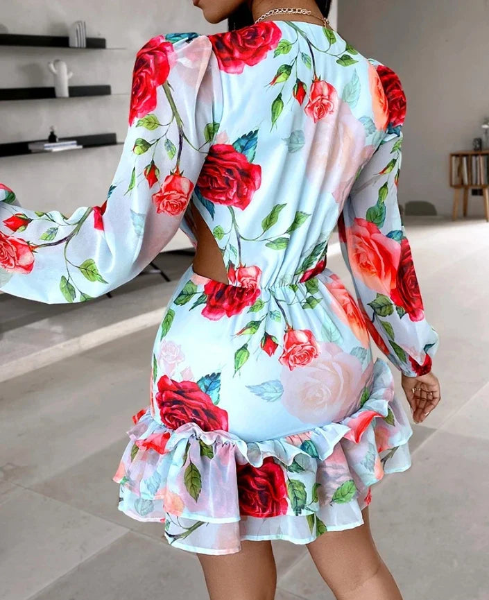 maoxiangshop New Fashion Summer Casual Sexy Dresses for Women Elegant Floral Print Ruffles Layered Dress Female Clothing Outfits