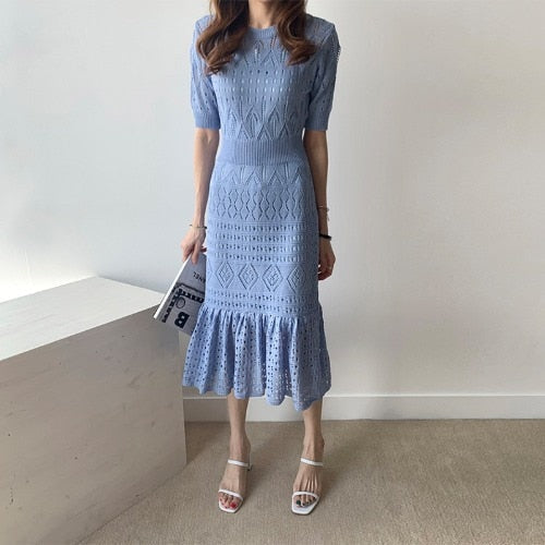 maoxiangshop Casual Chic Korean Temperament Slim Sexy Hollow Out Dresses O Neck Short Sleeve Wrap Hip Knitted Dress White Lady Summer