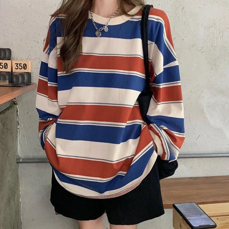 maoxiangshop autumn Hoodies Striped Oversized Sweatshirt Women Harajuku Pullovers Korean Fashion Couples Matching Long Sleeve Tops Streetwear