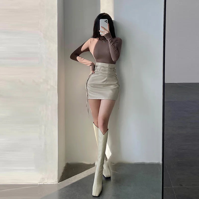 maoxiangshop Sexy Mini Skirts for Women PU Leather Punk Bandage A-line Black High Waist Pencil Skirt Fashiom Y2k Female Clothes Autumn Winter