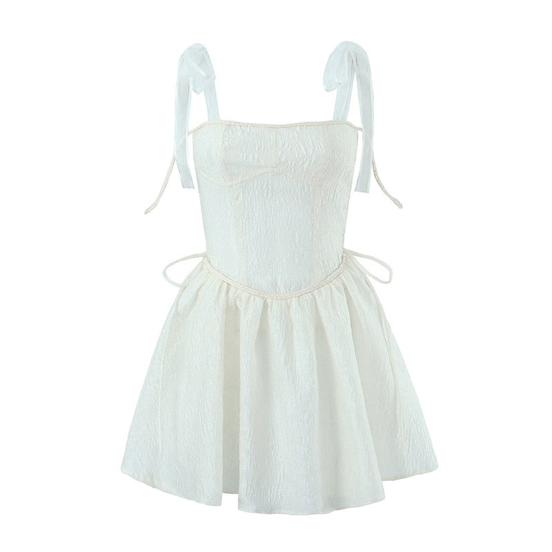 maoxiangshop White Strap Dress Spring Summer New Sexy Holiday Fashion Slim Waist Hollow Tie Short Mini Dress For Women