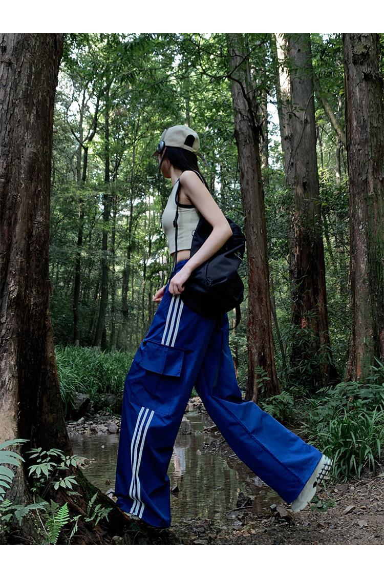 maoxiangshopHigh Waist Drawstring Cargo Pant Wide Leg Joggers Trousers Striped Harajuku Baggy Parachute Pants Sweatpants Women Clothes Y2k